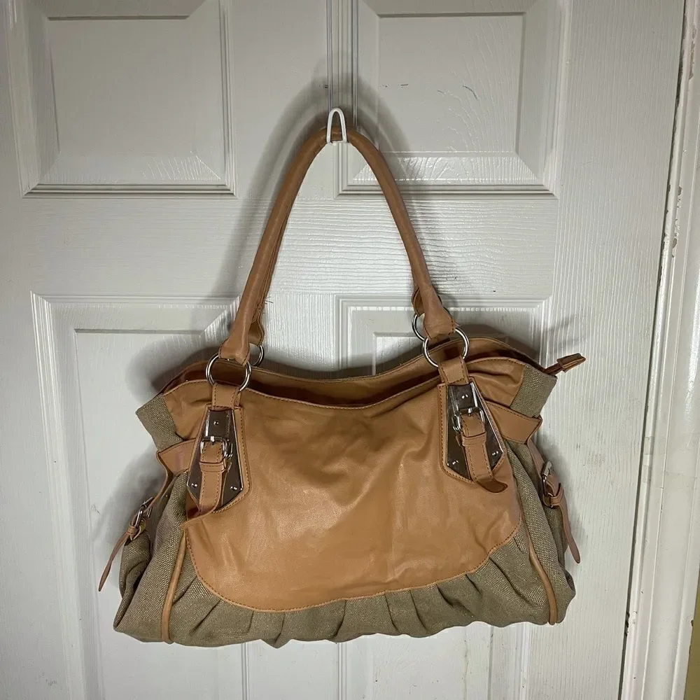 Cato canvas khaki & tan faux leather satchel  with silver tone hardwares .